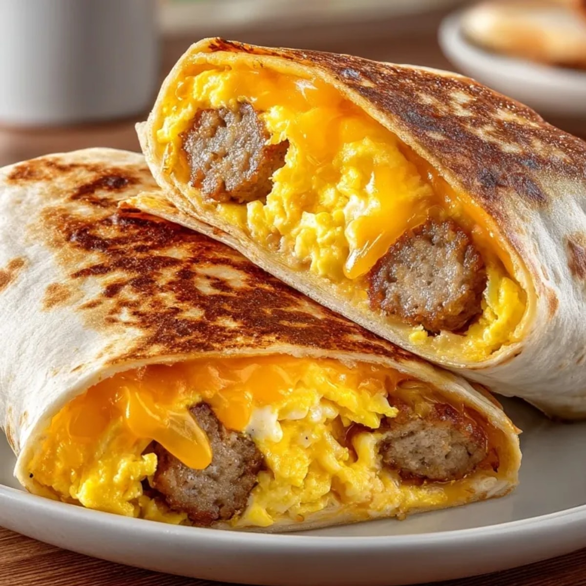 Freshly made Sausage Egg & Cheese Roll-Ups with melted cheddar, ready for a quick breakfast.