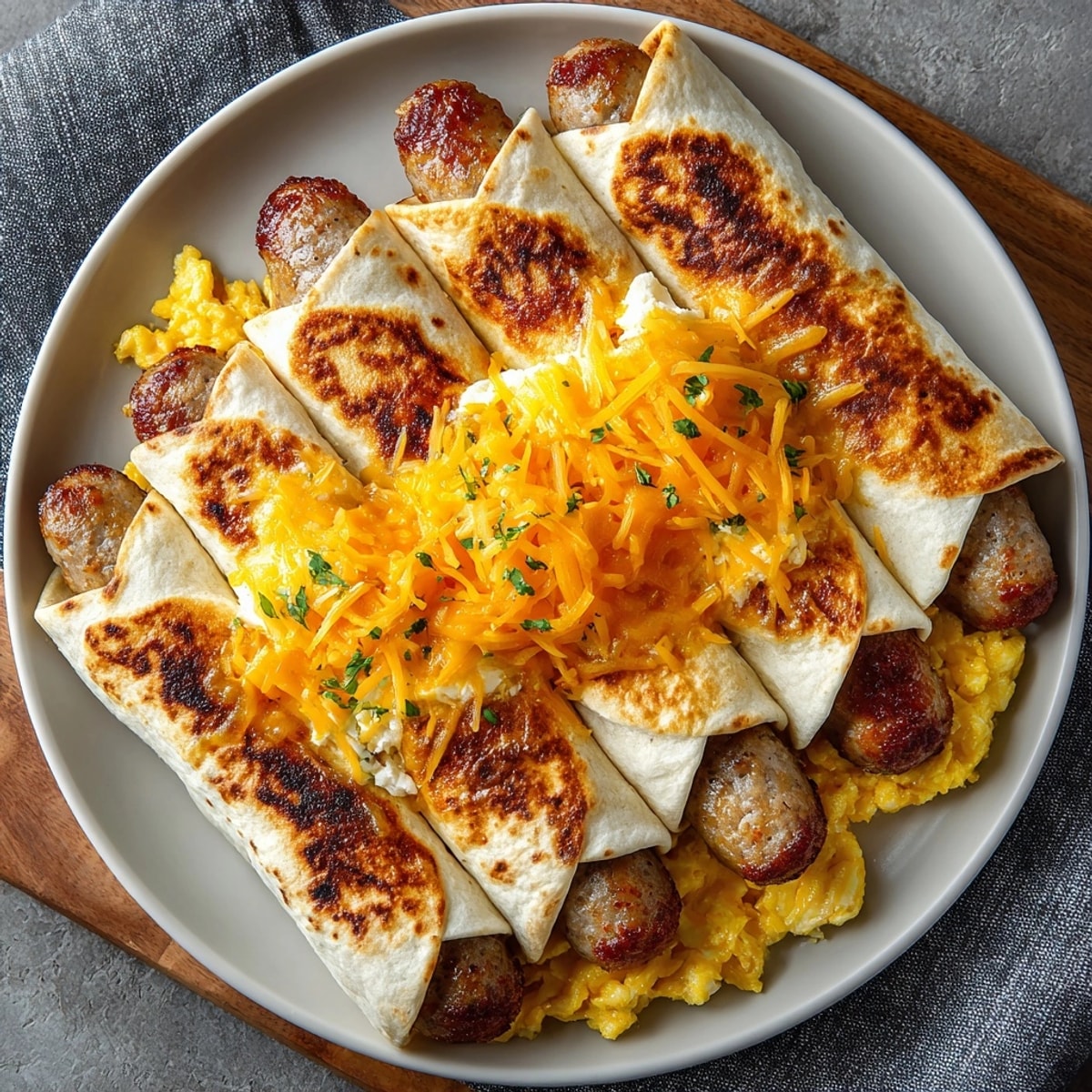 Warm Sausage Egg & Cheese Roll-Ups sliced open, showcasing fluffy eggs and sizzling sausage inside.