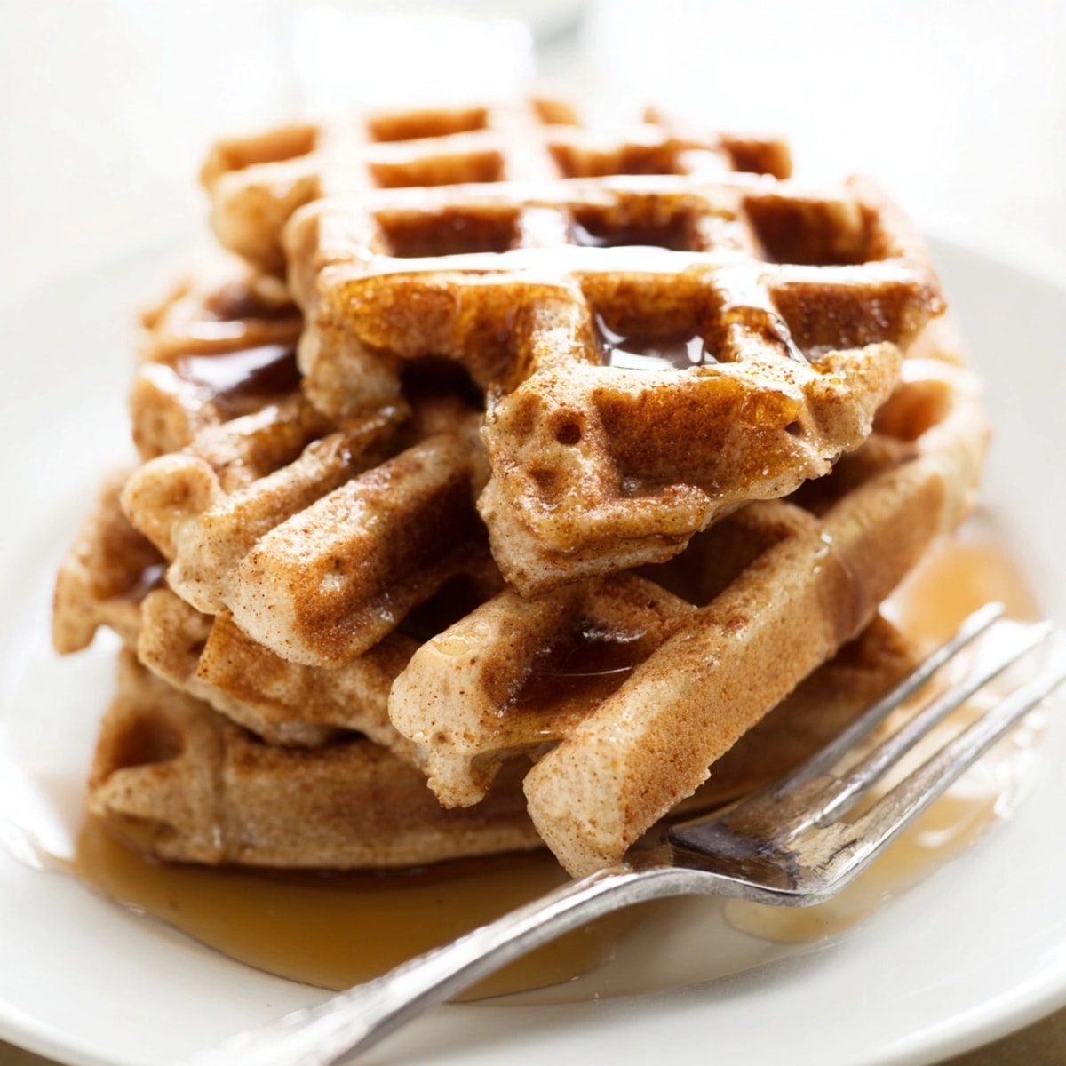 Golden, fluffy Cinnamon Vanilla Oat Waffles stack, topped with glistening maple syrup.