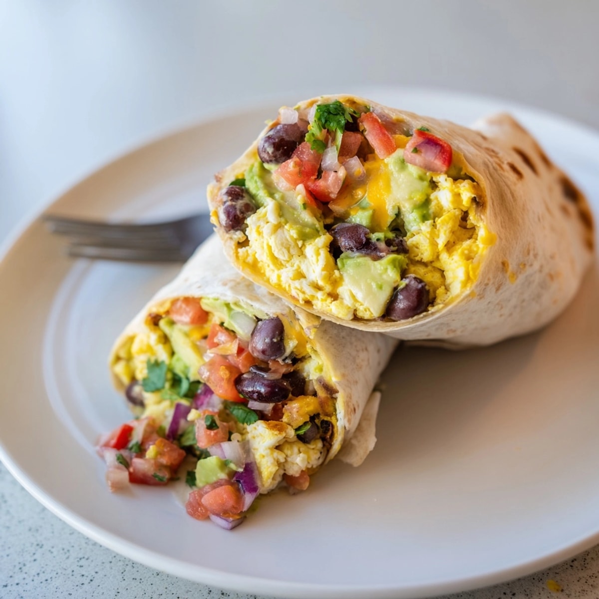 Close-up showing vibrant Avocado Southwest Breakfast Burrito filling, showcasing layers of creamy avocado and scrambled eggs.