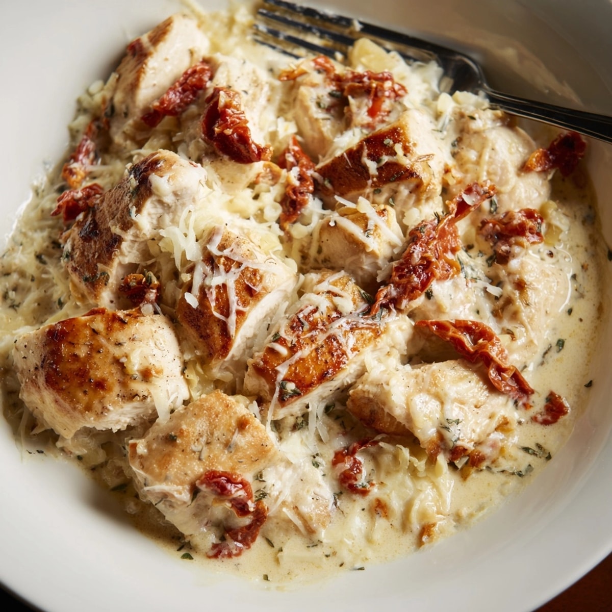 Golden Alfredo Sundried Tomato Chicken Bake, bubbly cheese bubbling, ready to serve hot.