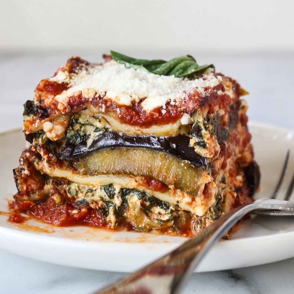 Golden, bubbly Cheesy Ricotta Eggplant Lasagna, a comforting bake with vibrant tomato sauce.