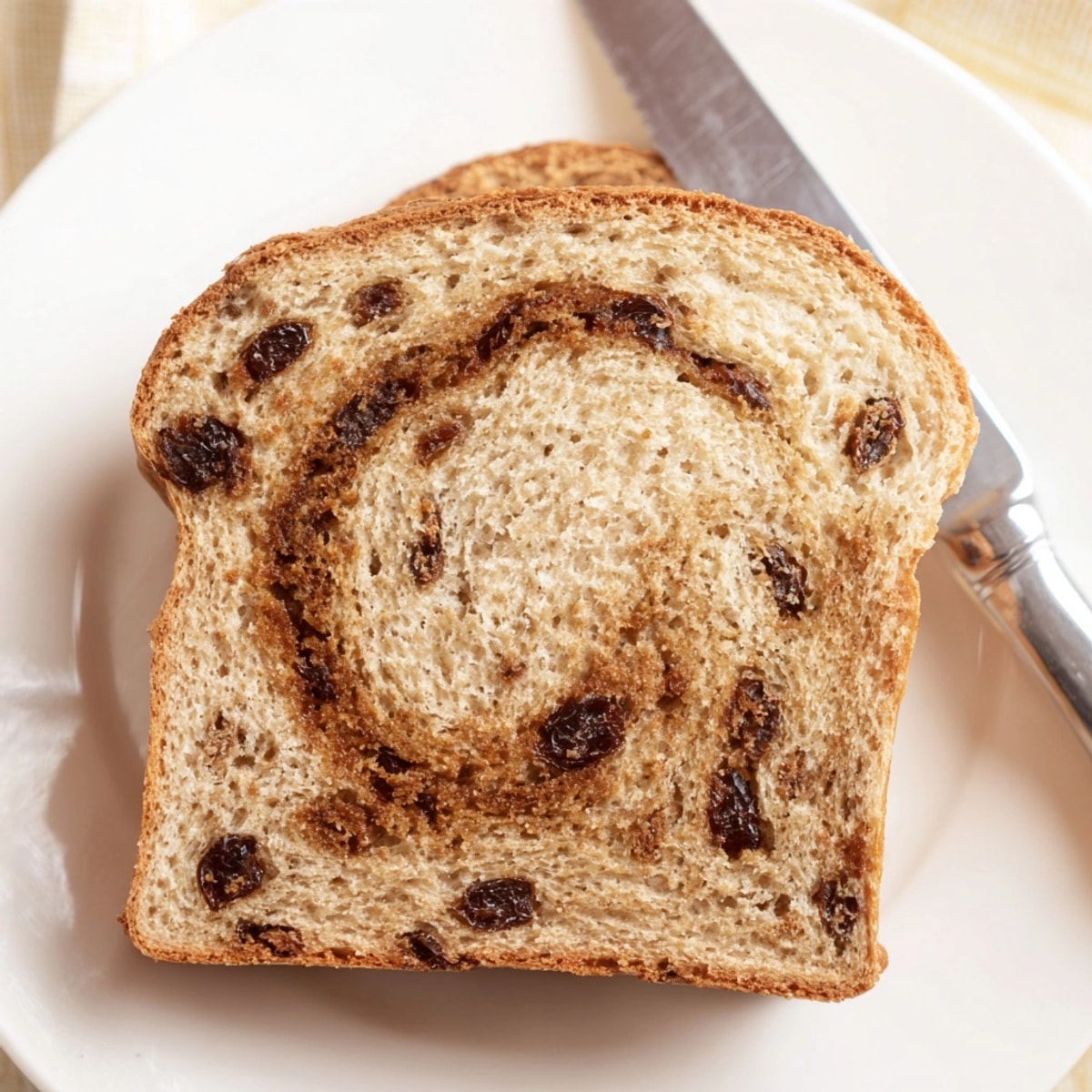 Golden-crusted Protein Cinnamon Raisin Bread: a fluffy, fragrant slice ready to toast.