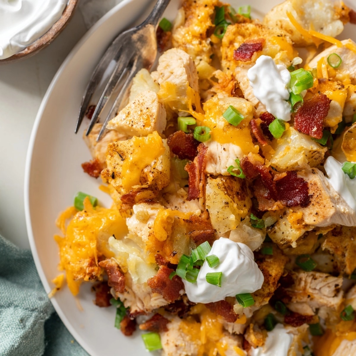Golden and cheesy Cajun Chicken Loaded Potato Bake, topped with bacon and green onions.