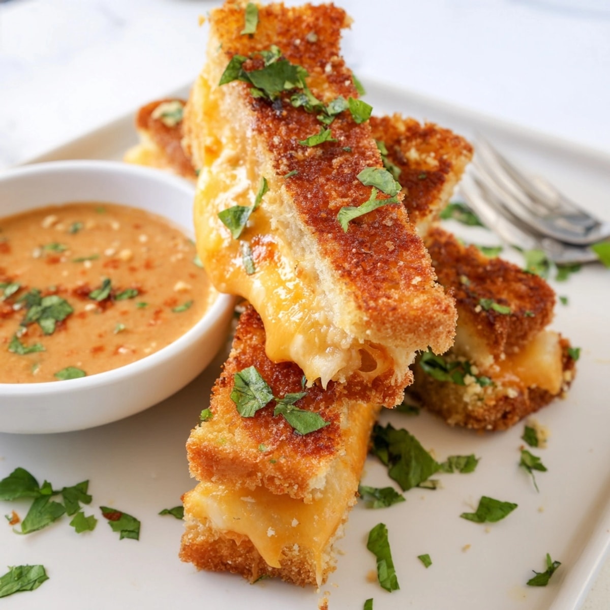 Golden Thai Peanut Grilled Cheese Sticks oozing with melted cheese, ready to dip.