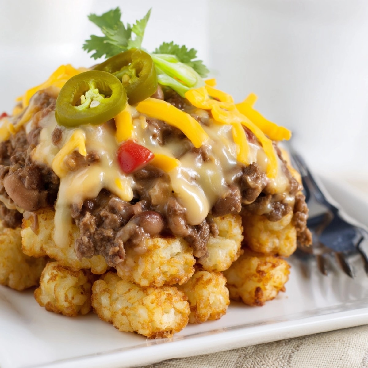 Crispy Mac and Cheese Chili Cheese Tots, topped with vibrant green onions and melted cheese.