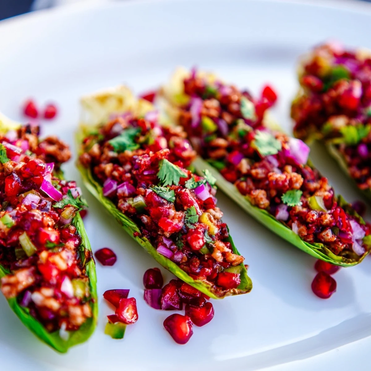 Colorful endive boats filled with zesty cranberry jalapeño salsa, perfect for entertaining guests.