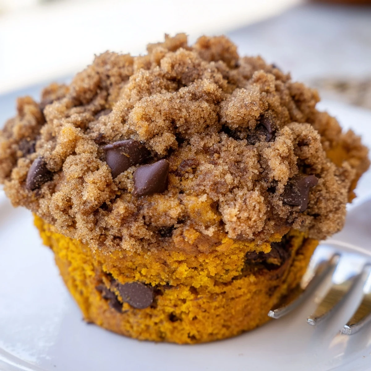 Moist pumpkin chocolate chip muffins with crunchy streusel, perfect for breakfast delights.  