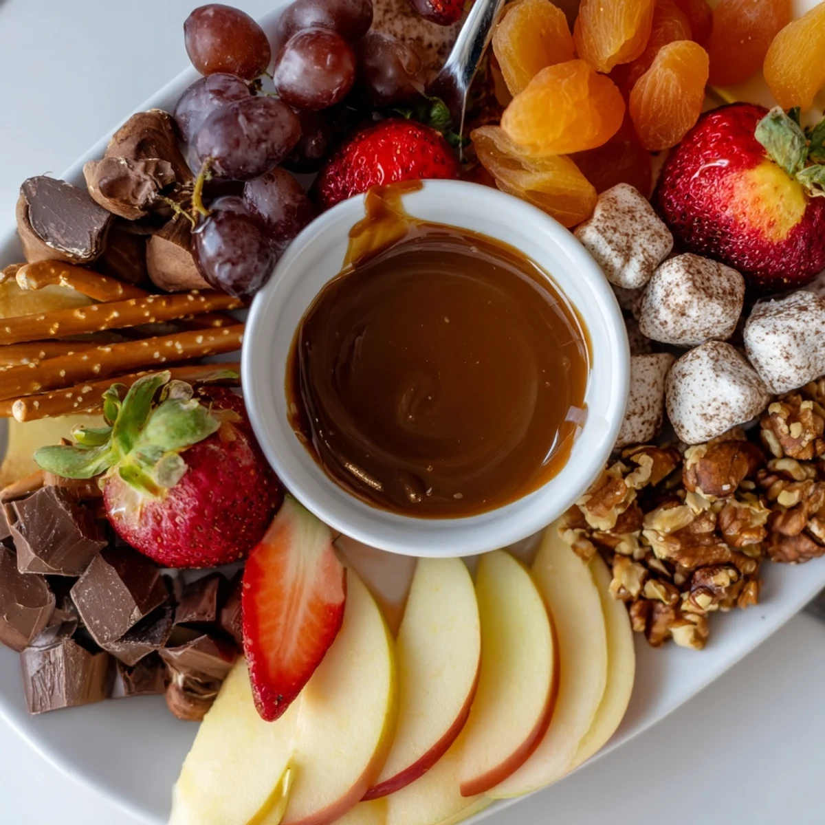 Vegan Caramel Apple Charcuterie Board with fresh apple slices and rich caramel sauce.