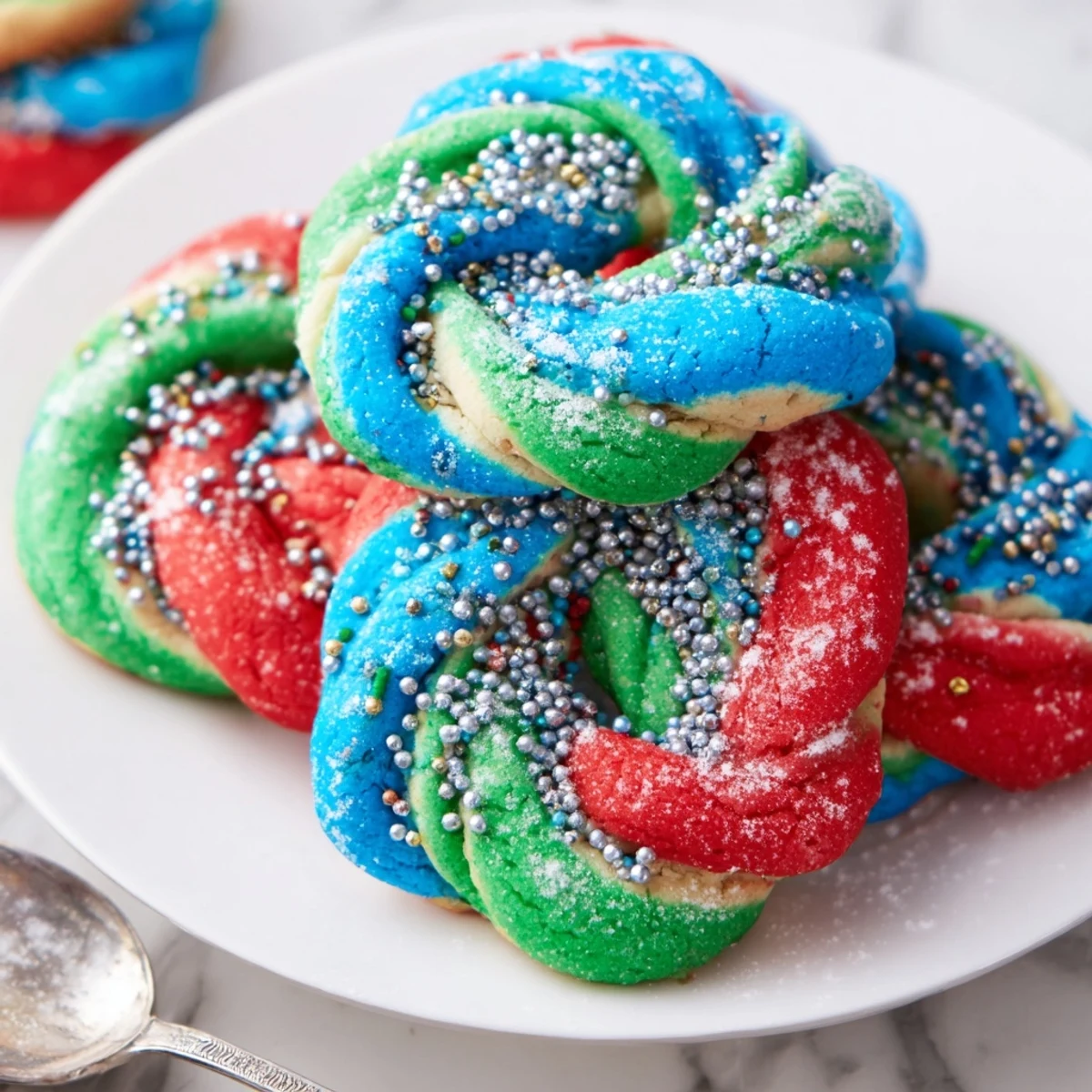 Colorful twisted cookies showcasing festive blue, red, and green hues for celebrations.  