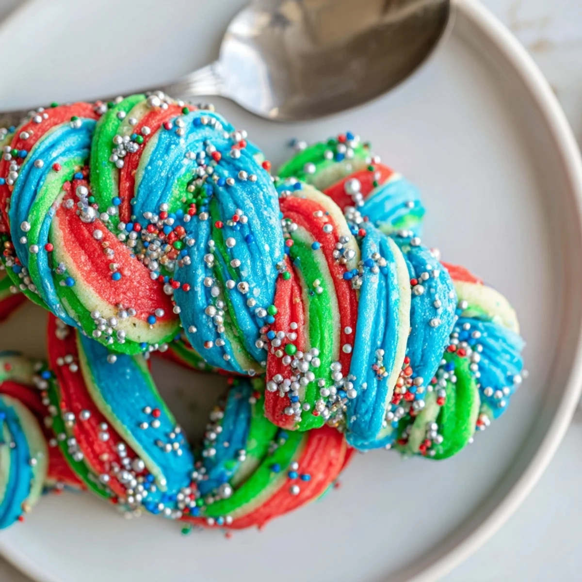 Vibrant Festive Hanukkah Twisted Christmas Cookies ready for holiday sharing.  