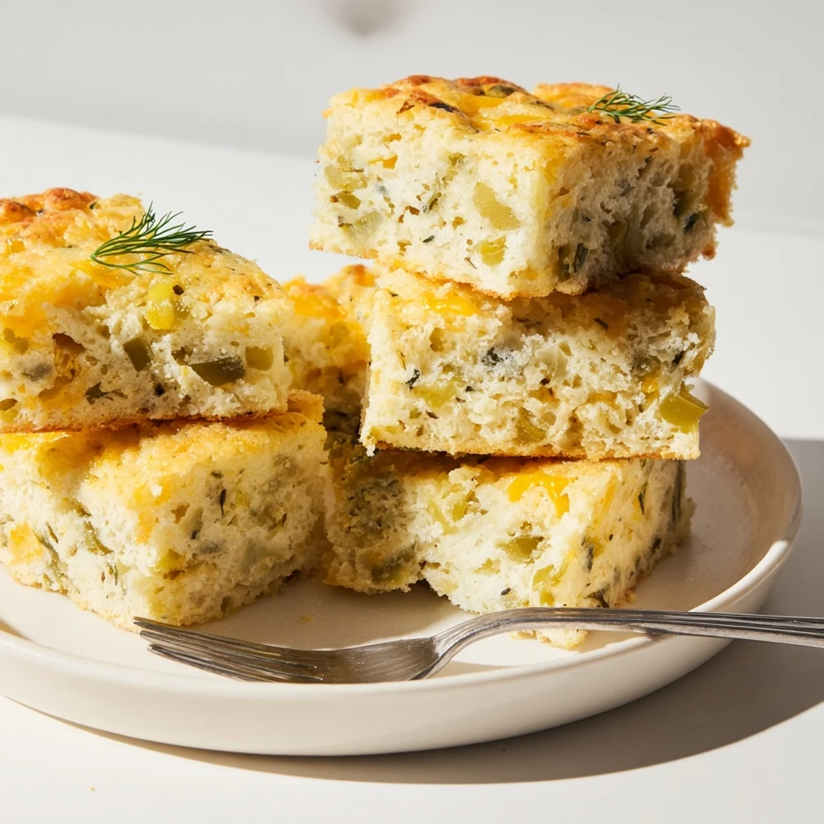 Savory dill pickle pancake muffin bars garnished with fresh dill and cheddar cheese.  