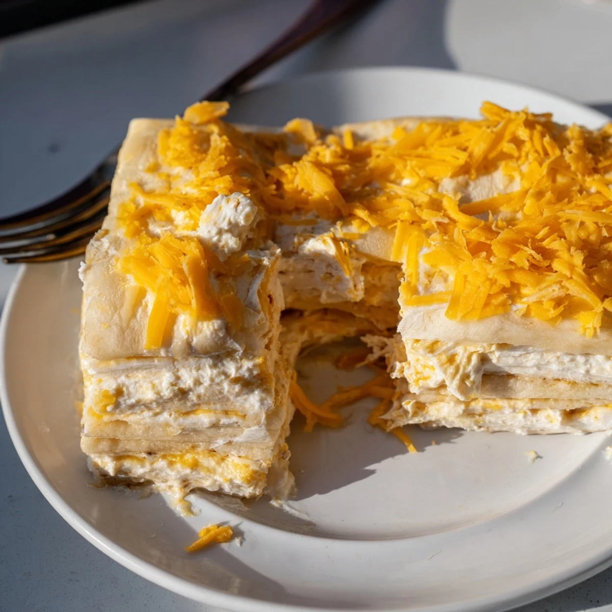 Golden-brown pancake bars layered with sharp cheddar and creamy filling, ideal for breakfast.  