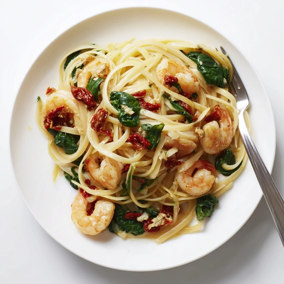 A vibrant bowl of light sundried tomato shrimp pasta with juicy shrimp and herbs.