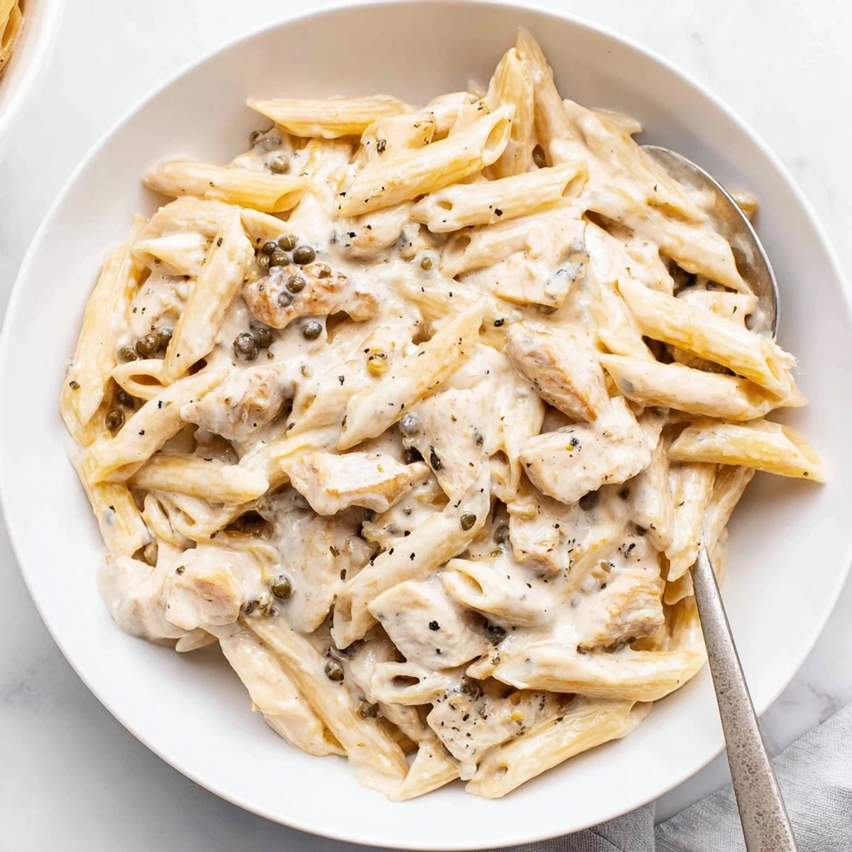 Creamy Chicken and Cream Cheese Pasta served in a bowl with fresh herbs and cheese.  
