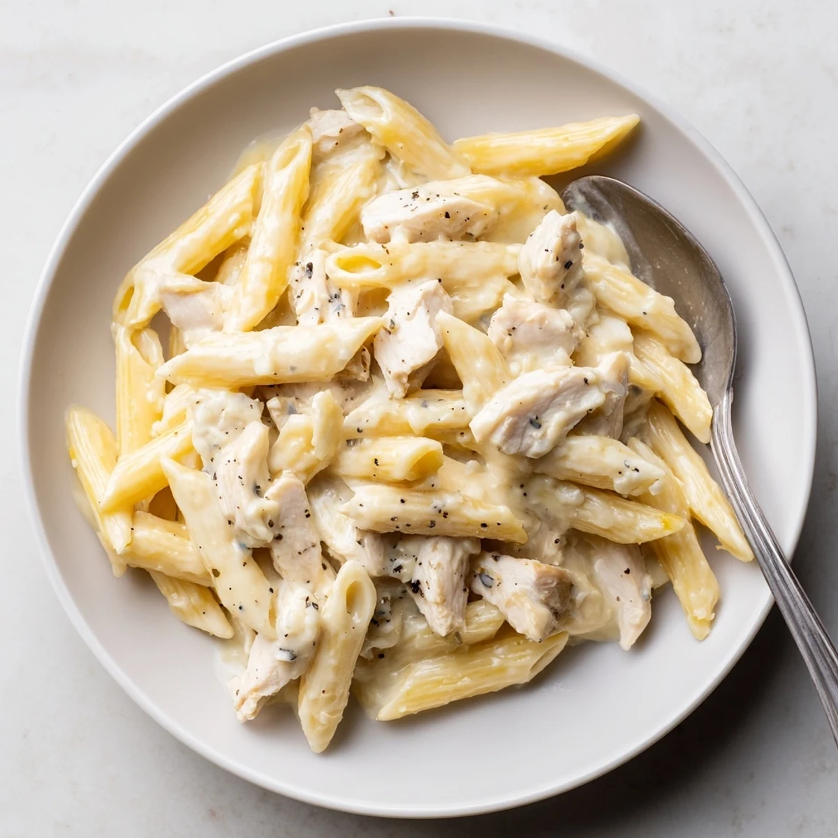 Deliciously rich Creamy Chicken and Cream Cheese Pasta garnished with black pepper flakes.  
