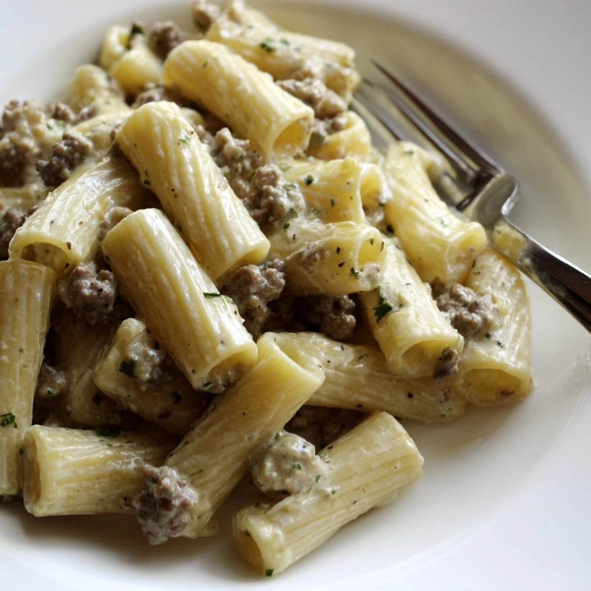 Delicious creamy horseradish beef rigatoni served warm, perfect for dinner.  