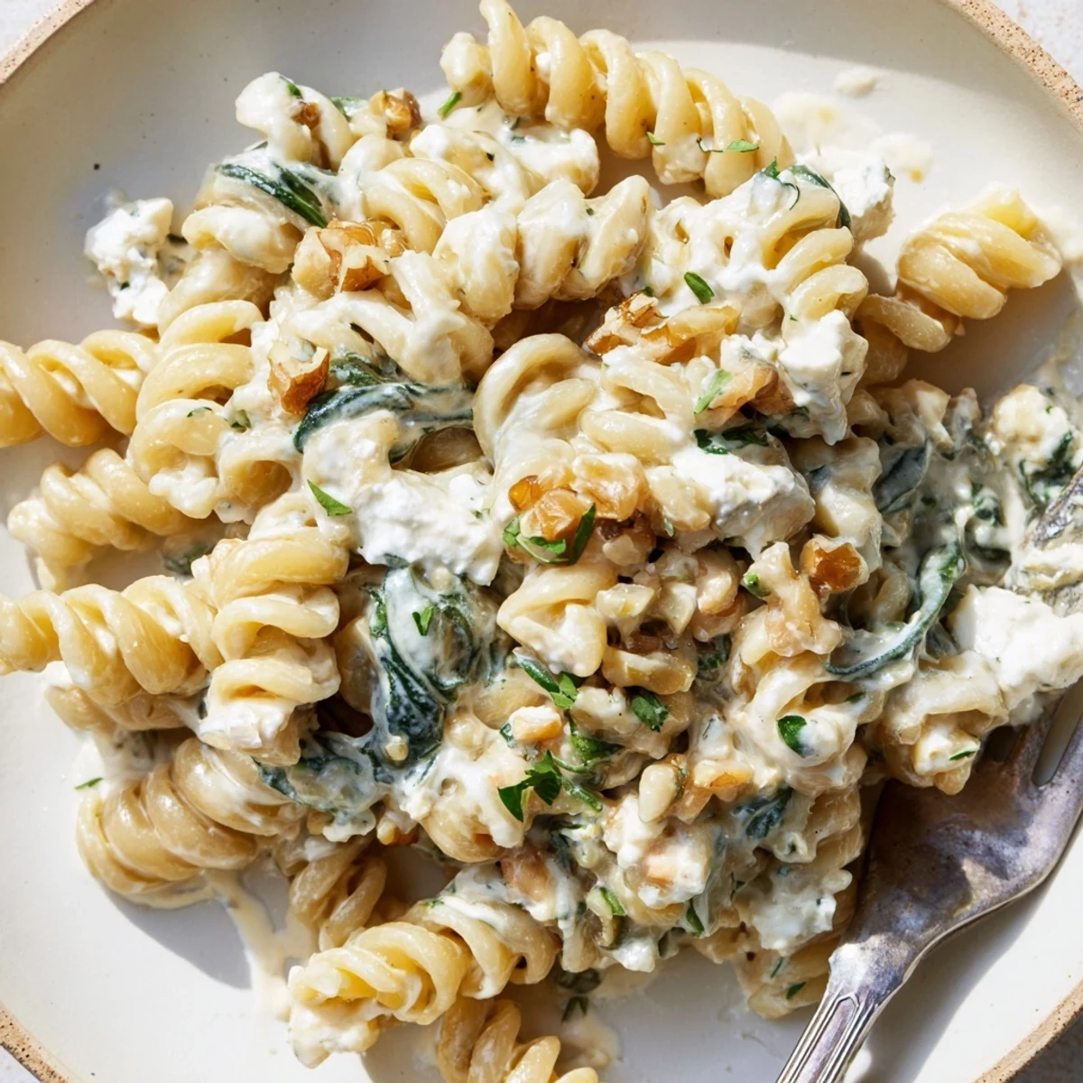 Rich and tangy goat cheese spinach chicken pasta decorated with fresh herbs on top
