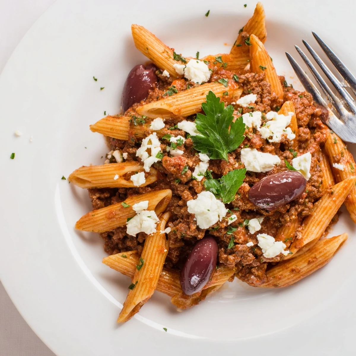 Creamy Kalamata beef pasta served with fresh parsley and crumbled feta cheese.  