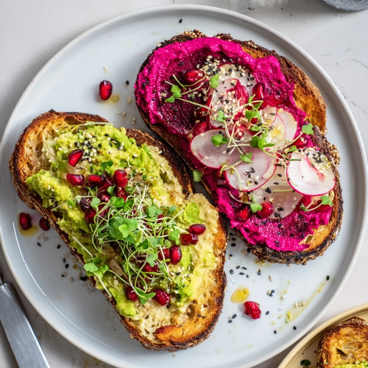 Vibrant Bright & Bold Breakfast Toasts topped with ube, avocado, and fresh radishes.  