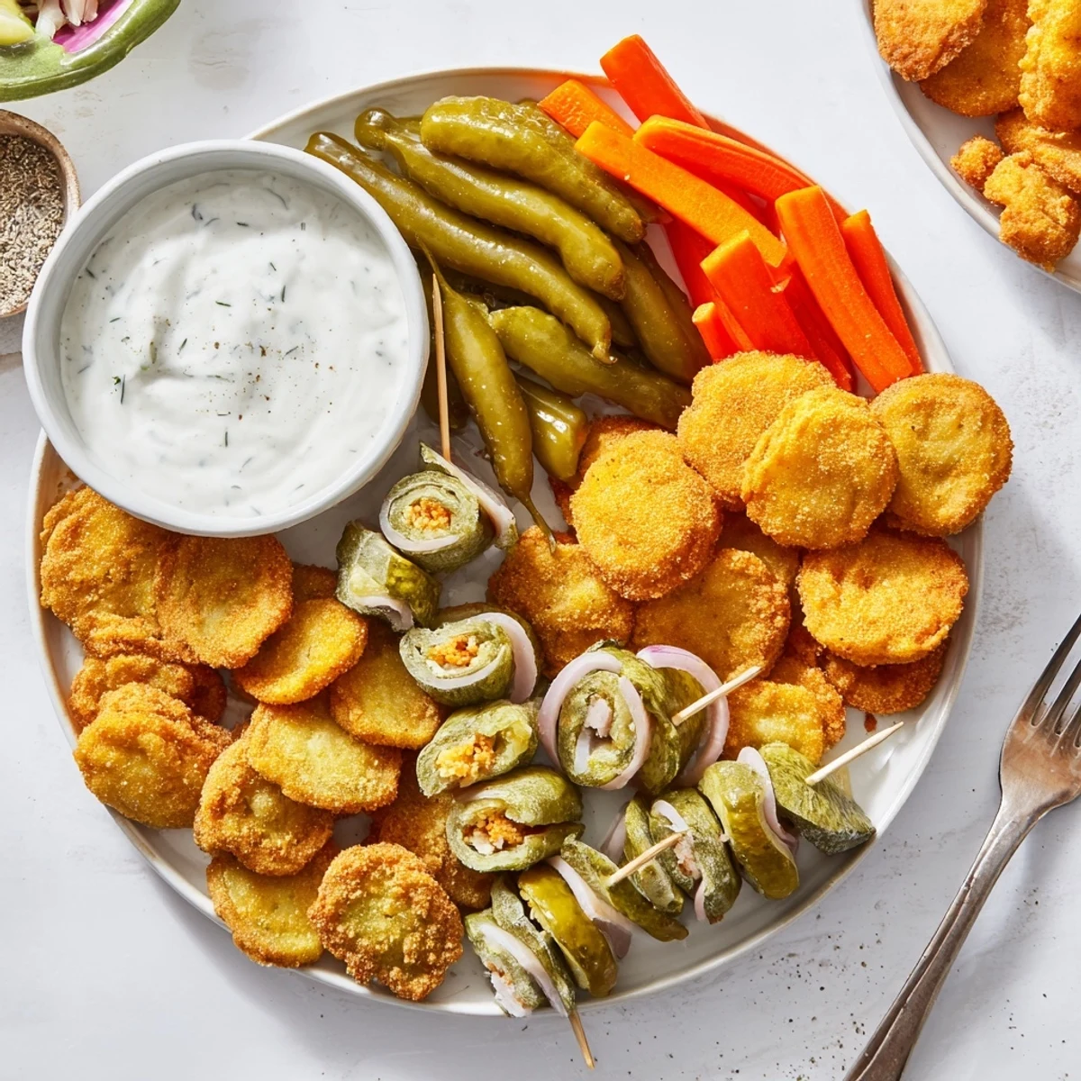 Crispy fried pickles served with assorted tangy pickled vegetables on a platter.