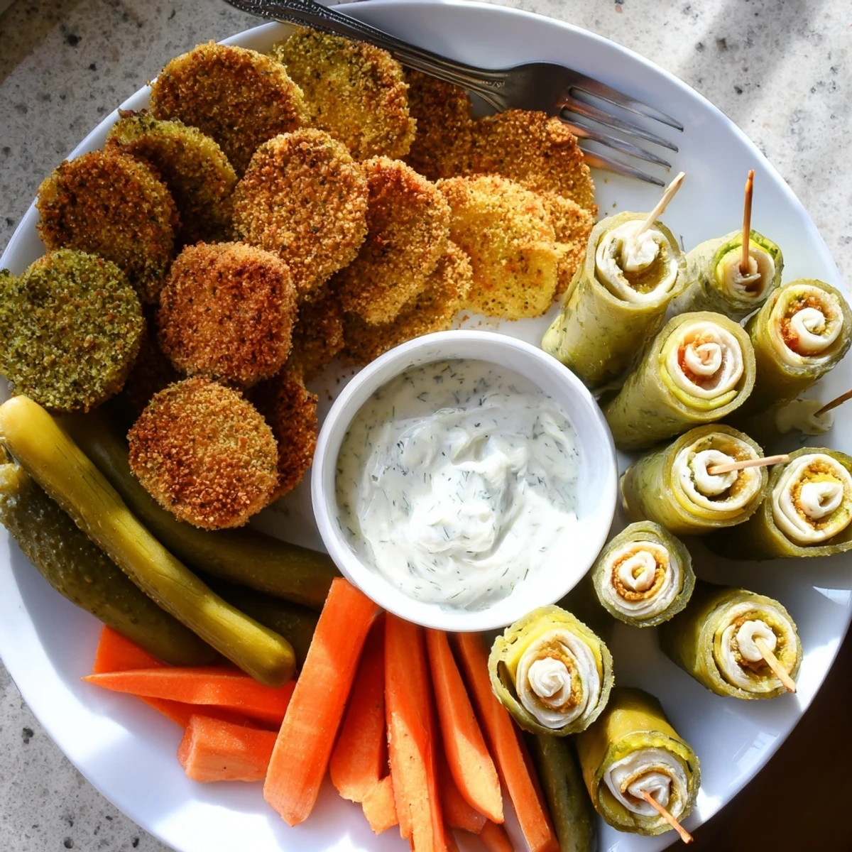 Delicious Pickle Lovers Meal featuring fried pickles and cheesy pickled bites stacked high.