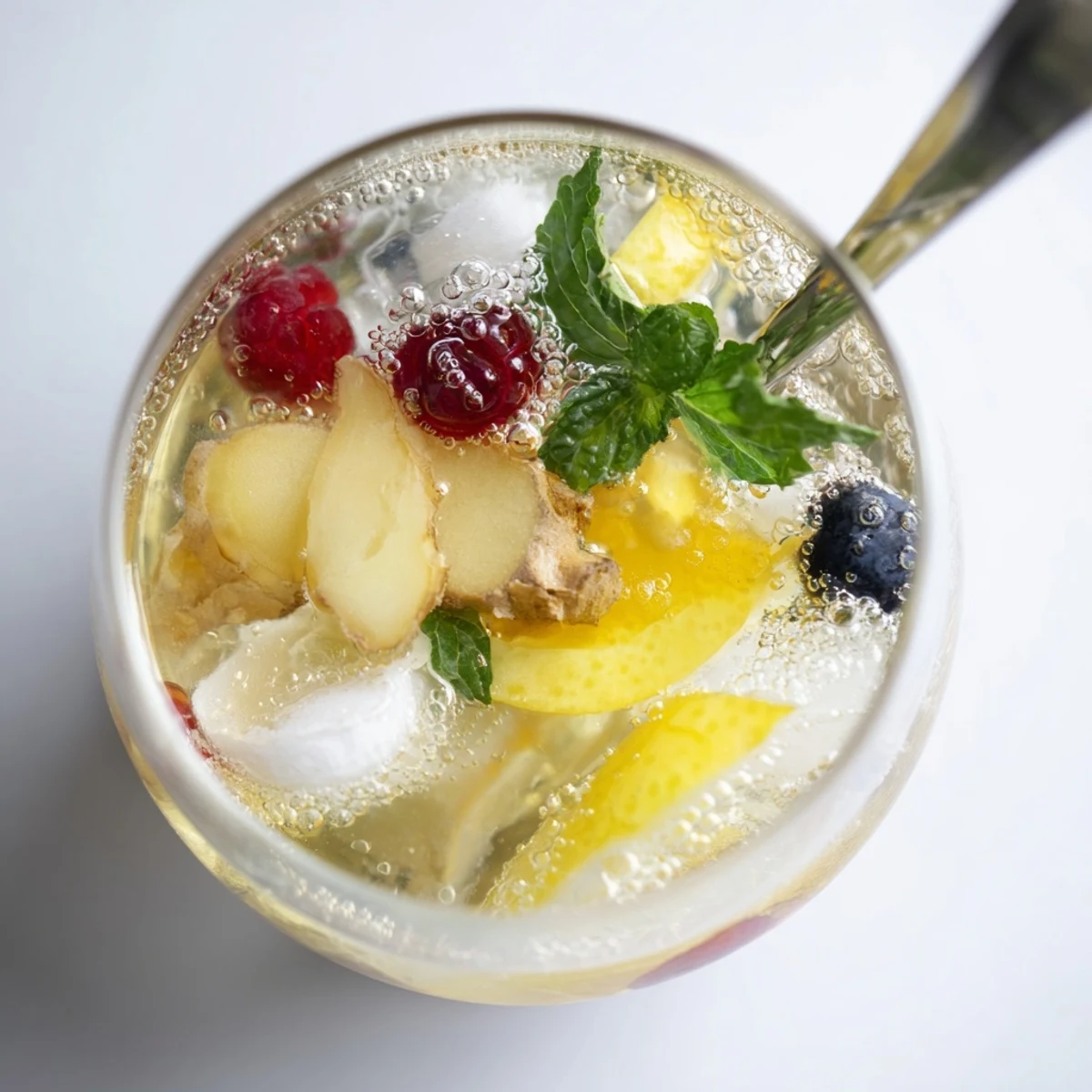 Refreshing Kombucha-Style home-brew mocktails with vibrant berries and mint garnish. 