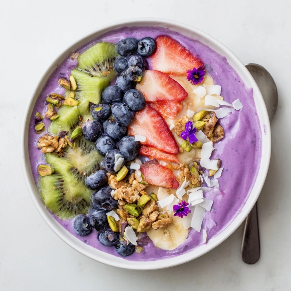 Vibrant smoothie bowls with purple yam and fresh berries create a colorful breakfast delight.  