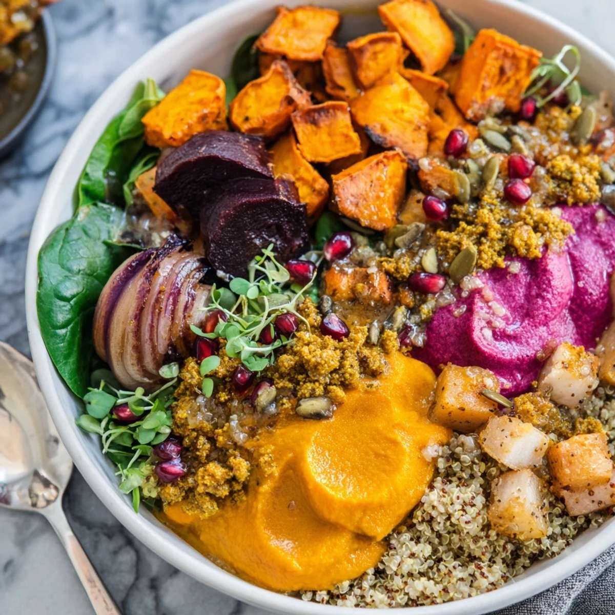 Cozy spiced winter bowls filled with roasted vegetables and ube-coconut purée.  