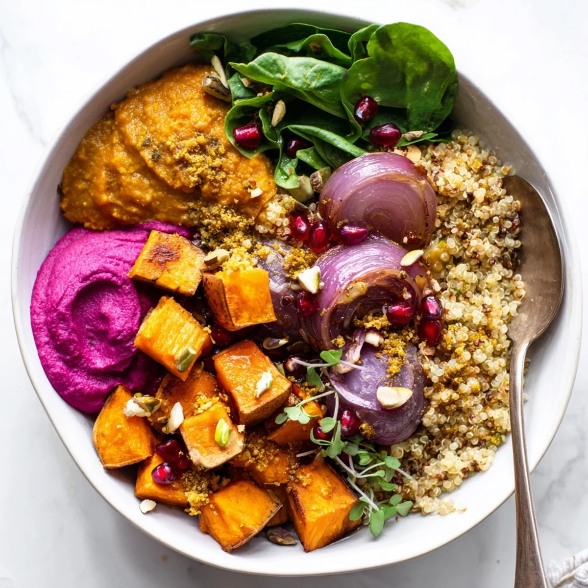 Warm winter bowls featuring quinoa, seasonal veggies, and a creamy ube topping.