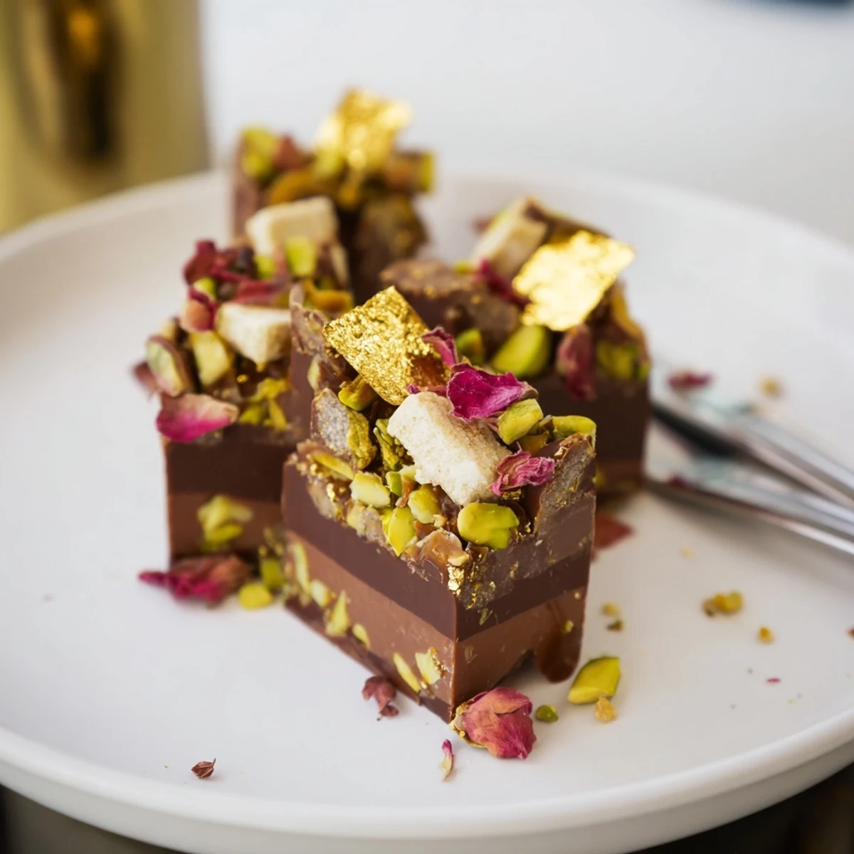 Decadent chocolate bar inspired creations topped with spiced date caramel and crunchy layers.  
