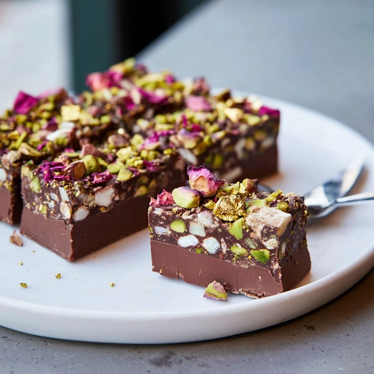 Delicious chocolate bar inspired creations with pistachios, coconut, and Middle Eastern spices.