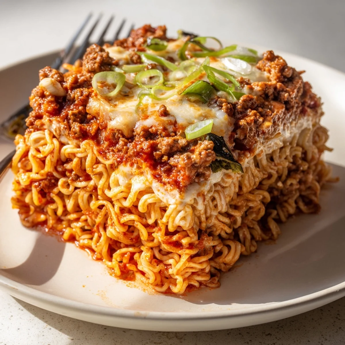 Delicious spicy ramen lasagna layered with noodles, pork, and creamy cheese.  