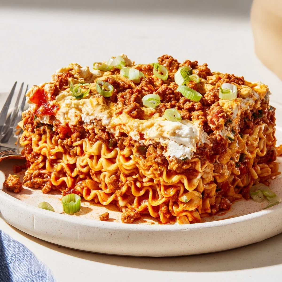 Oven-baked spicy ramen lasagna served hot with bubbling, golden cheese on top.  