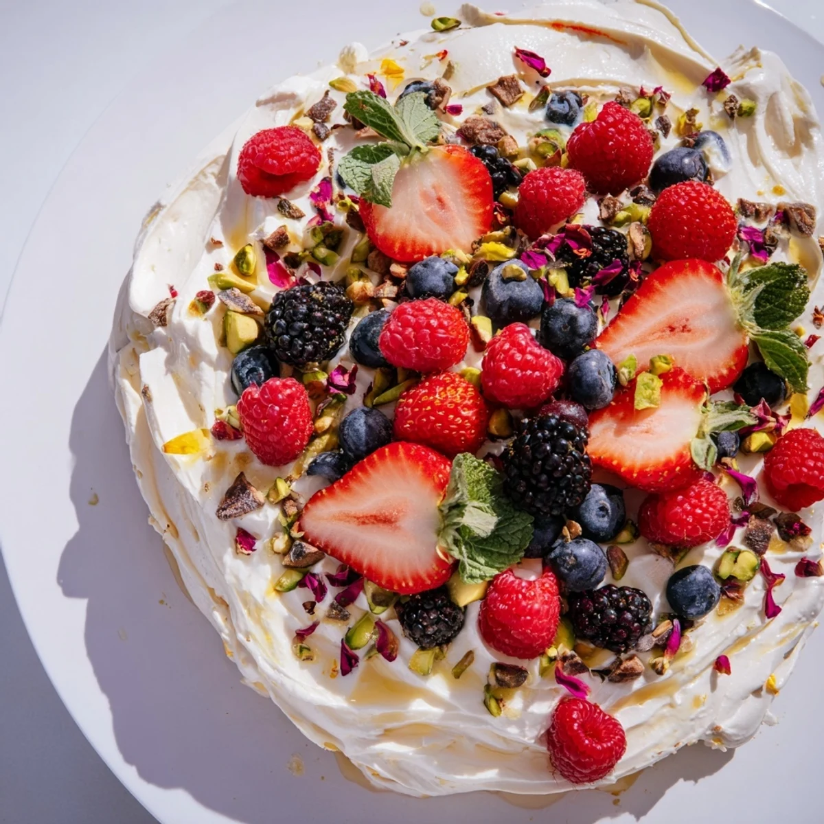 Whipped cream cheese butter board dessert topped with fresh berries and honey drizzle.  