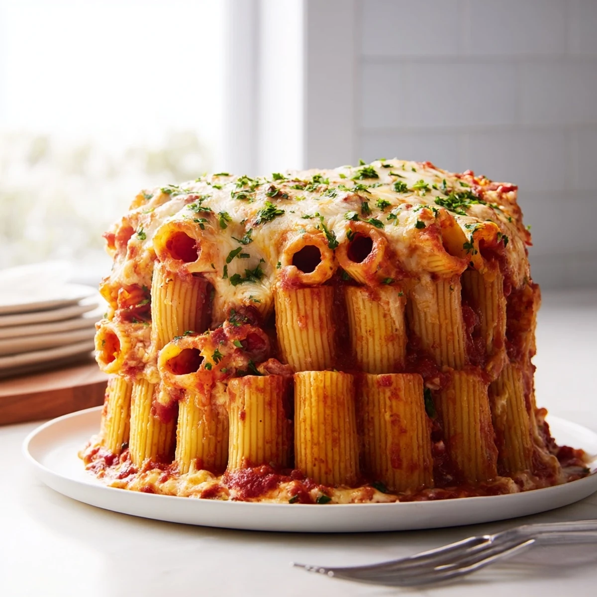 Colorful Honeycomb Pasta Cake filled with creamy ricotta and rich tomato sauce layers.  