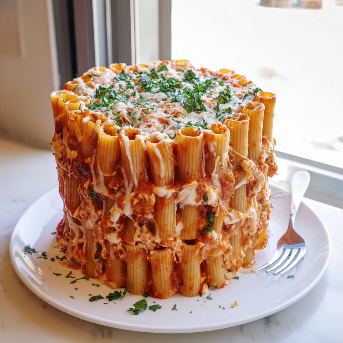 Impressive Honeycomb Pasta Cake with standing rigatoni, perfect for entertaining guests.