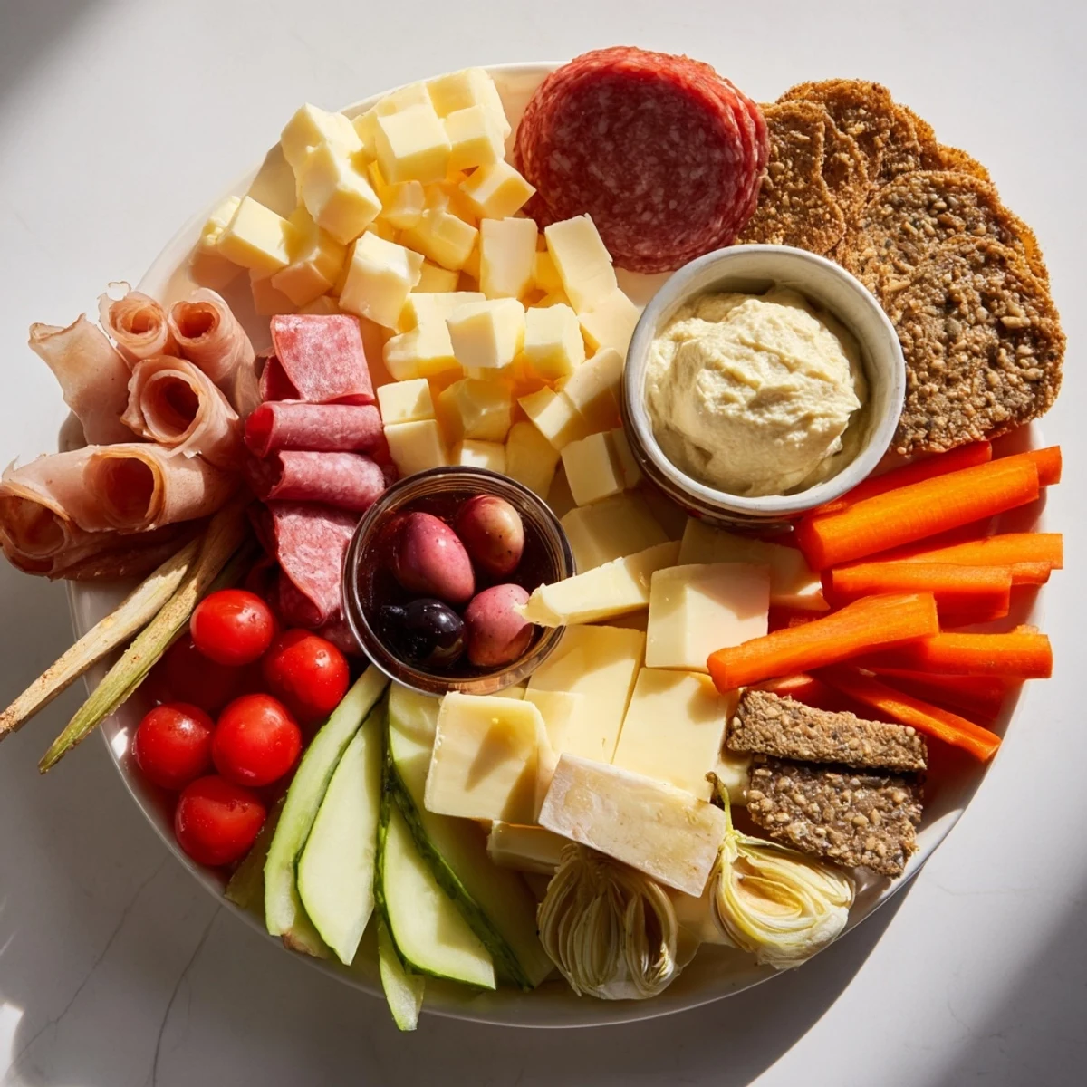 Colorful Girl Dinner Platter featuring cheeses, fruits, and fun, easy-to-share snacks.  