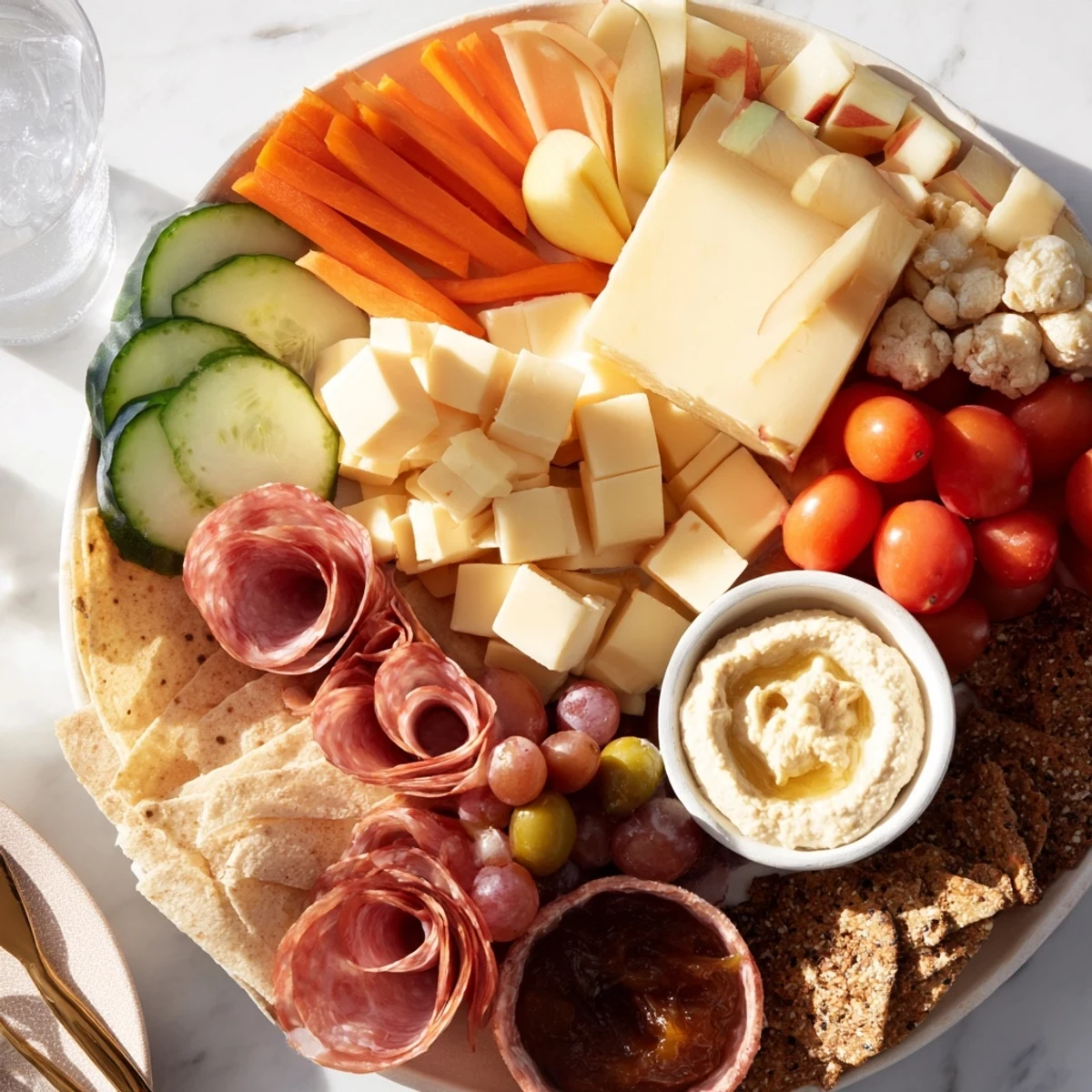 An enticing Girl Dinner Platter with creamy cheeses, fresh veggies, and delightful dips.  