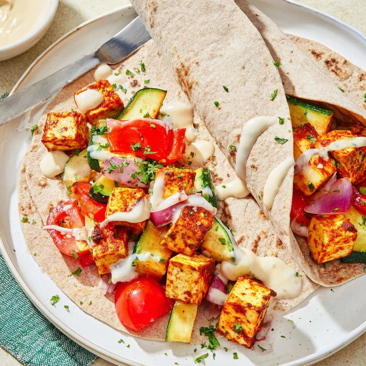 Roasted tofu and vibrant vegetables in a vegan viral recipe wrap, drizzled with tahini sauce.  