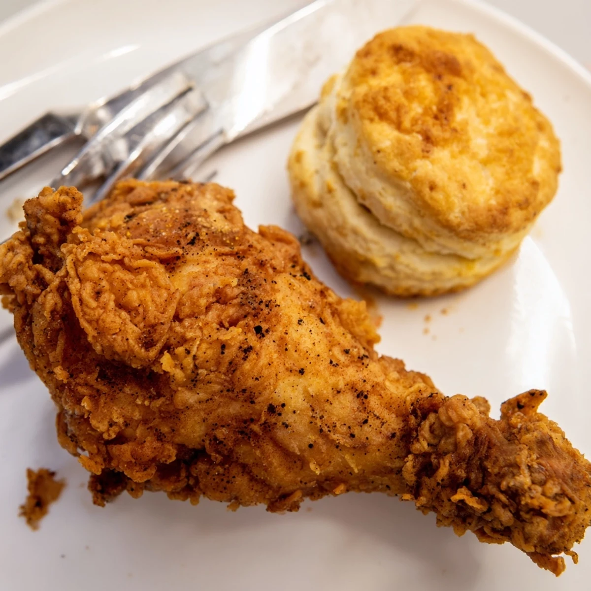 Crispy Southern fried chicken and fluffy buttermilk biscuits on a rustic platter.