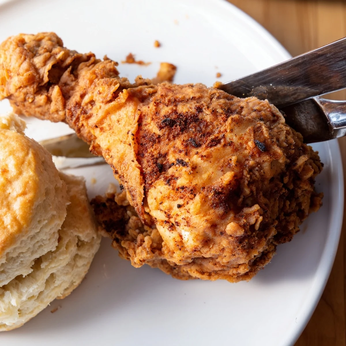 Golden brown Southern fried chicken paired with light, flaky buttermilk biscuits for dinner.