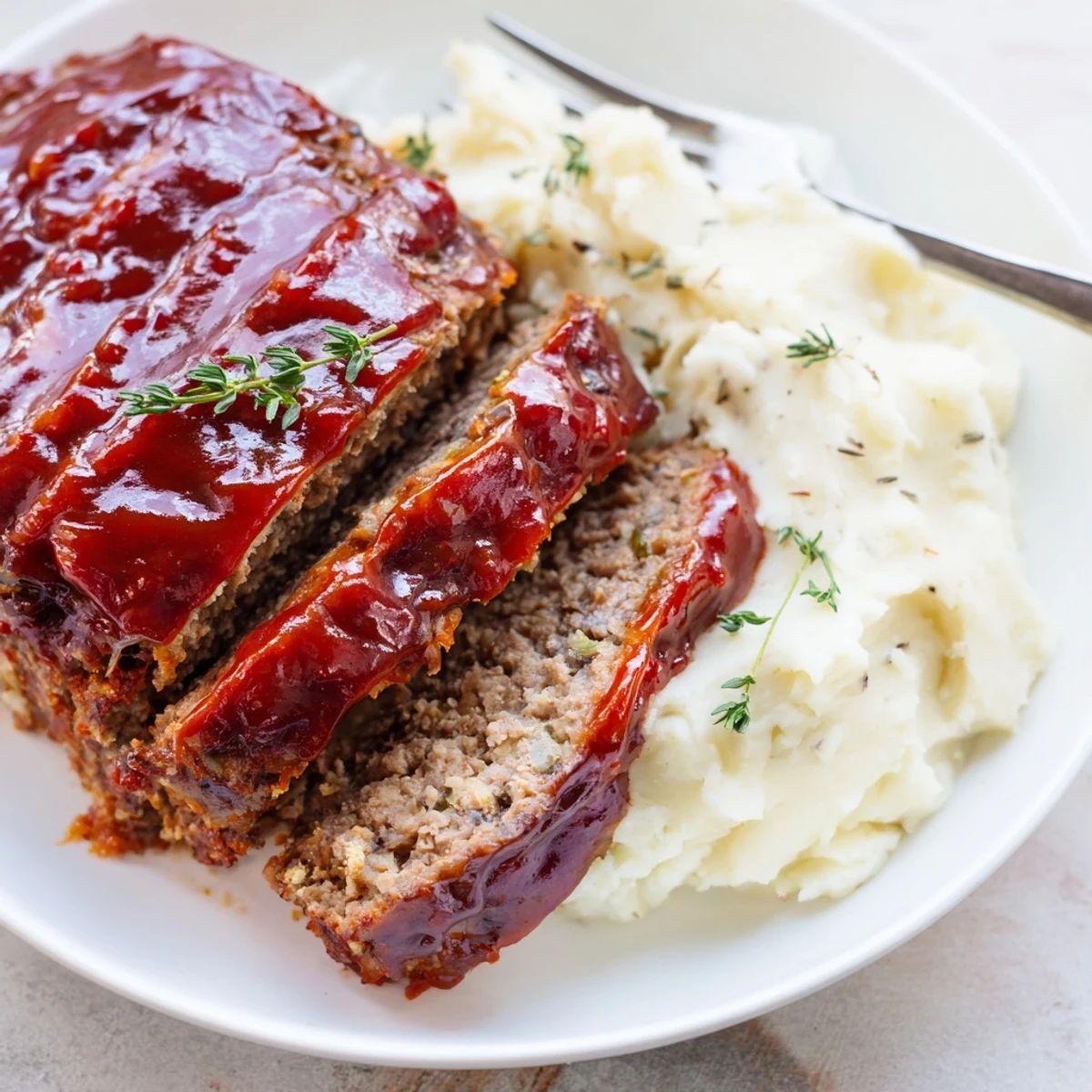 Classic meatloaf topped with a sweet glaze, served alongside creamy mashed potatoes.  