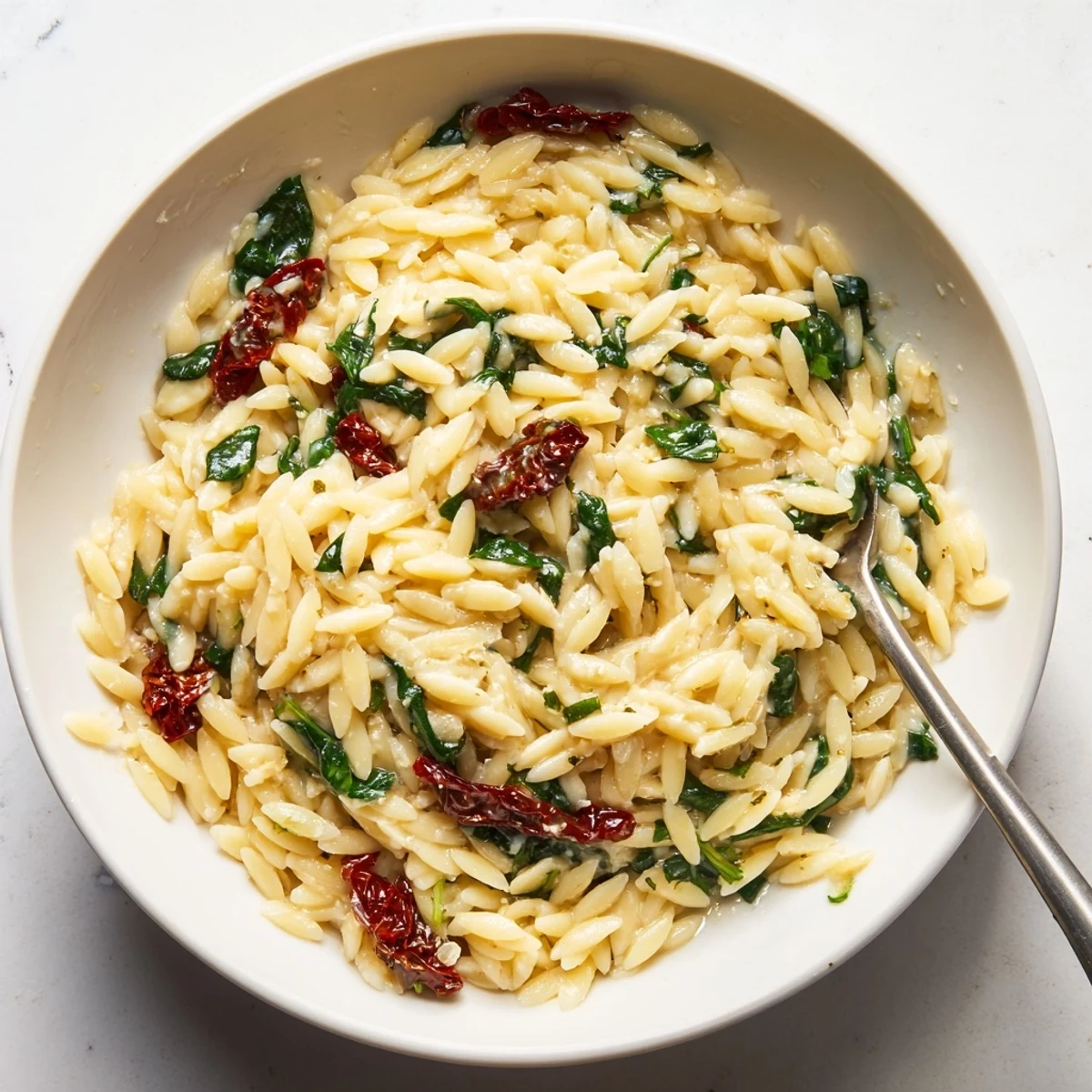 A comforting creamy Tuscan orzo bowl with sun-dried tomatoes and spinach.