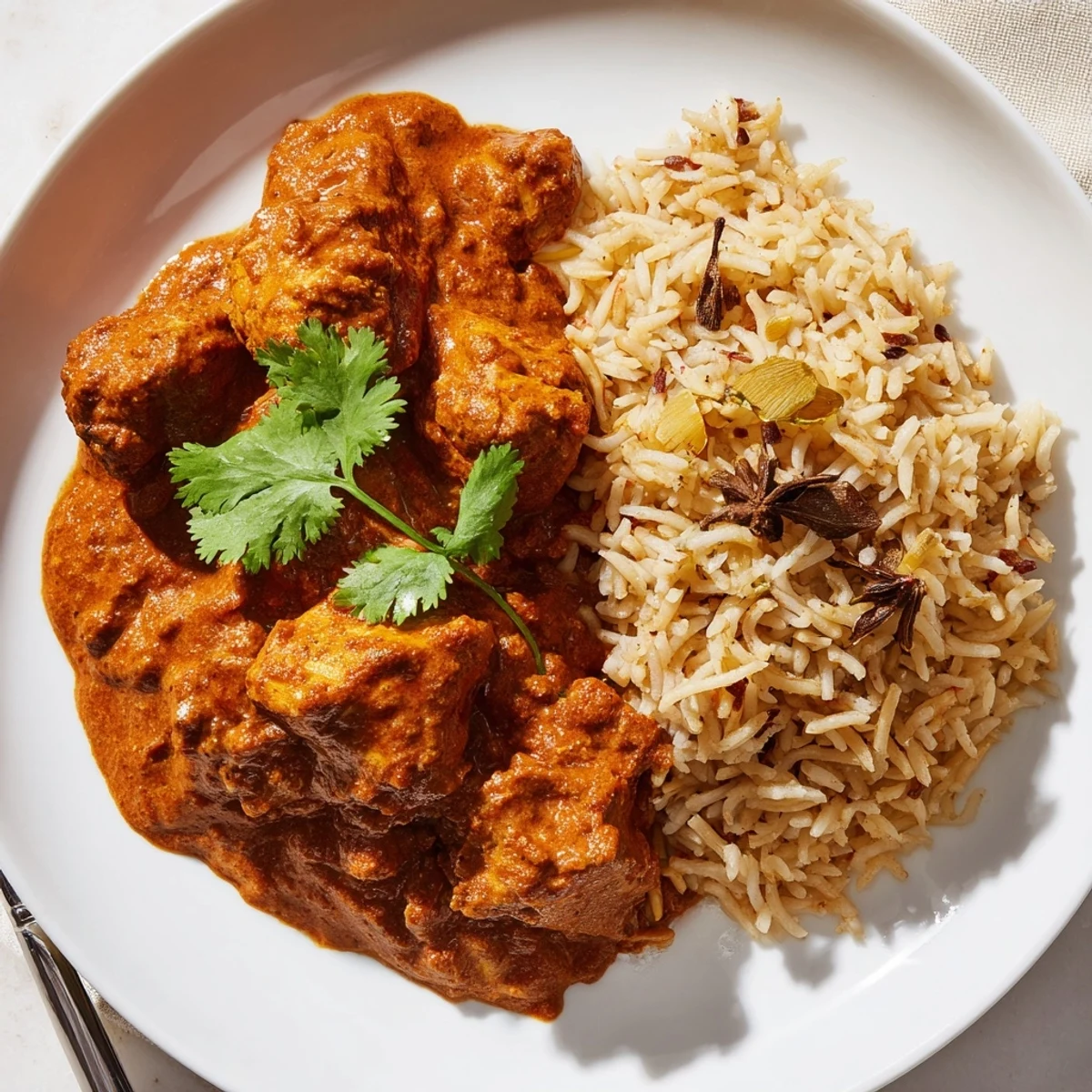Creamy Butter Chicken served over fragrant rice pilaf garnished with cilantro.  