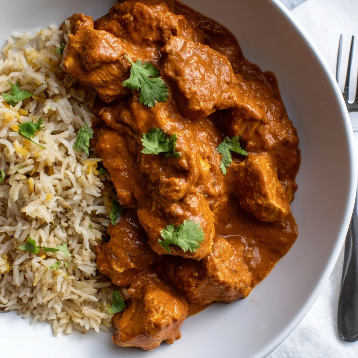 Delicious Butter Chicken with vibrant spices and comforting basmati rice pilaf.