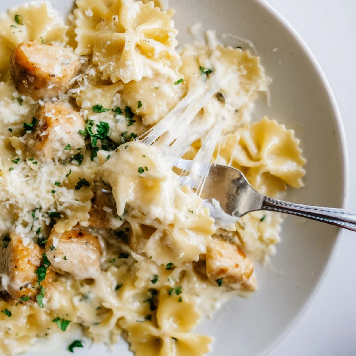Creamy Mozzarella Garlic Butter Chicken Bowties topped with fresh parsley and Parmesan.  