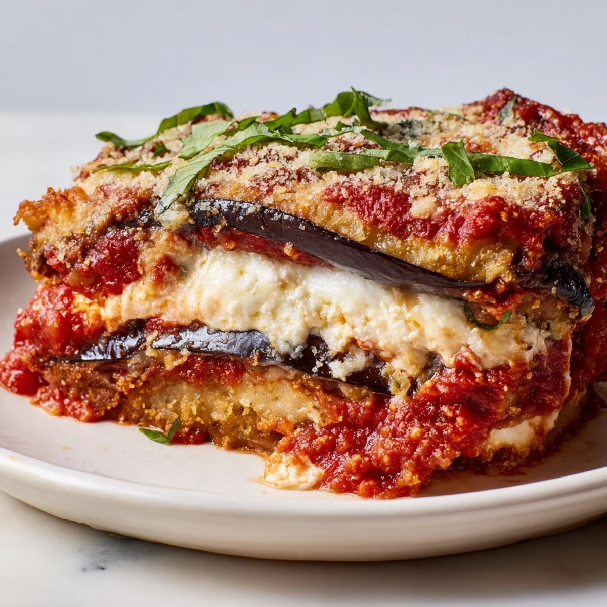 Close-up of a bubbling Eggplant Parmesan Lasagna with crispy edges and fresh basil garnish.