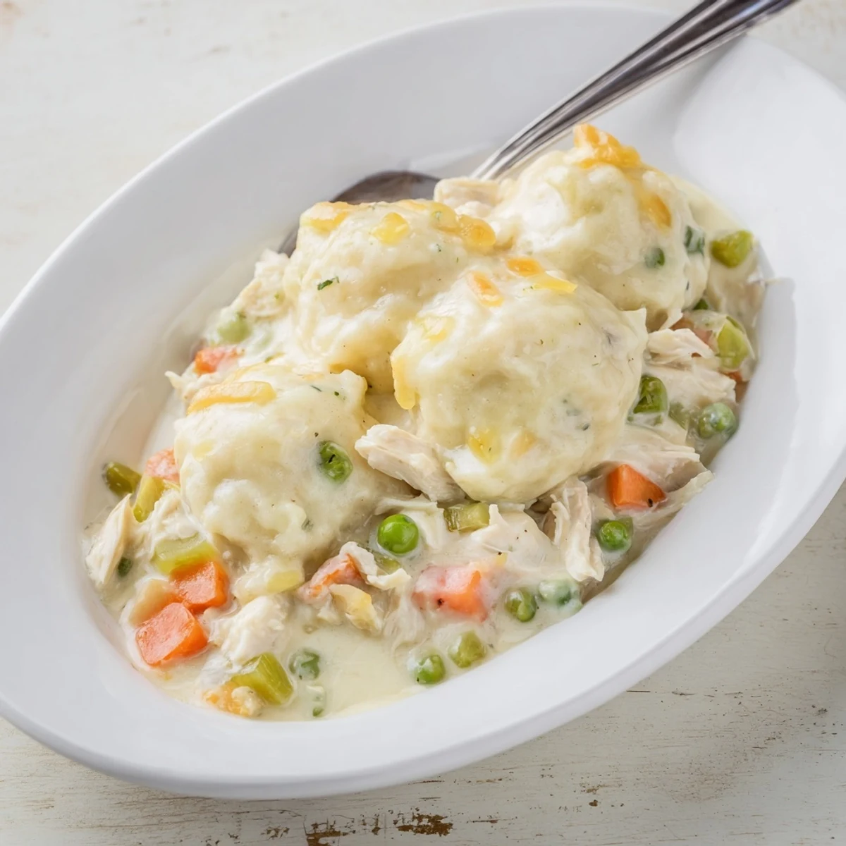 Creamy, savory Chicken and Dumplings Casserole, perfect comfort food, with tender chicken and vegetables.