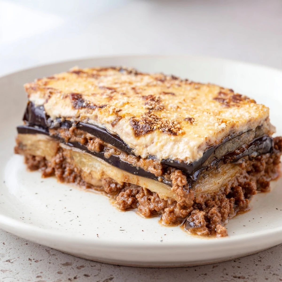 Golden, bubbly moussaka with layers of eggplant and savory beef, baked to a delicious finish.